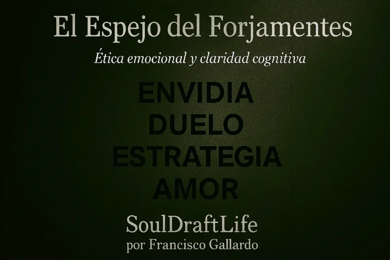 Imagen destacada del post El Espejo del Forjamentes con fondo verde texturizado como madera antigua, iluminado desde la esquina superior derecha, mostrando las palabras ENVIDIA, DUELO, ESTRATEGIA y AMOR en el centro, y la firma SoulDraftLife y Francisco Gallardo en la parte inferior.