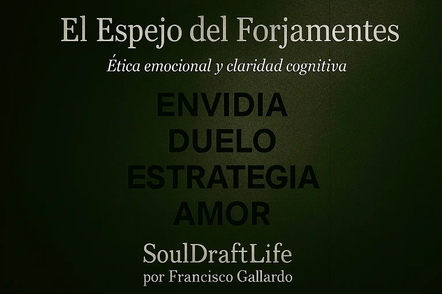 Imagen destacada del post El Espejo del Forjamentes con fondo verde texturizado como madera antigua, iluminado desde la esquina superior derecha, mostrando las palabras ENVIDIA, DUELO, ESTRATEGIA y AMOR en el centro, y la firma SoulDraftLife y Francisco Gallardo en la parte inferior.