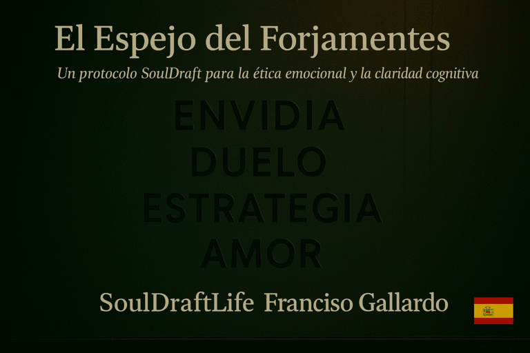 Imagen conceptual en tonos oscuros y metálicos que muestra un espejo simbólico sin cristal, reflejando siluetas y destellos de luz como metáfora de la mente. Parte de la serie “El Espejo del Forjamentes” de SoulDraftLife por Francisco Gallardo, explorando herencia cognitiva y autoría auténtica.