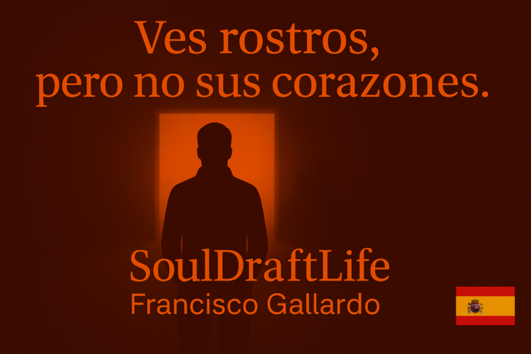 Cita en español “Ves rostros, pero no sus corazones” en tipografía clara sobre fondo oscuro con siluetas humanas y luz cálida; parte de la serie de frases de SoulDraftLife, un archivo de legado construido desde el polvo, la memoria y el camino.