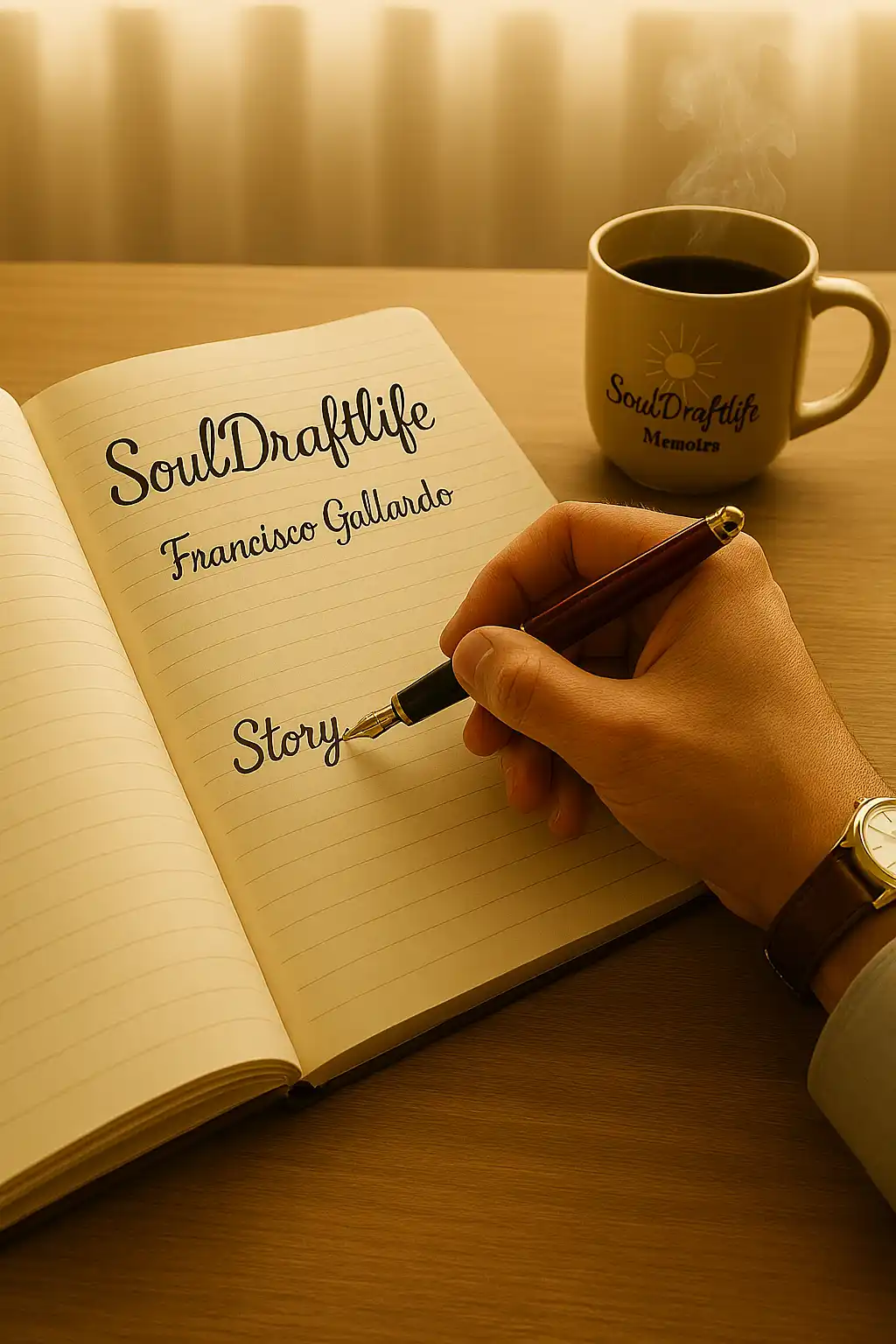 First-person view of a hand writing in a journal with “SoulDraftLife” and “Francisco Gallardo” at the top, a steaming coffee mug beside it.