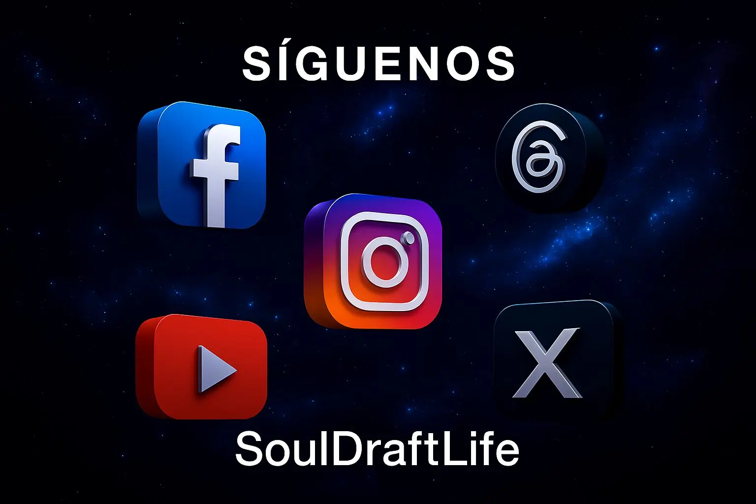 Iconos de redes sociales sobre fondo cálido — enlace a la página de redes sociales de SoulDraftLife.